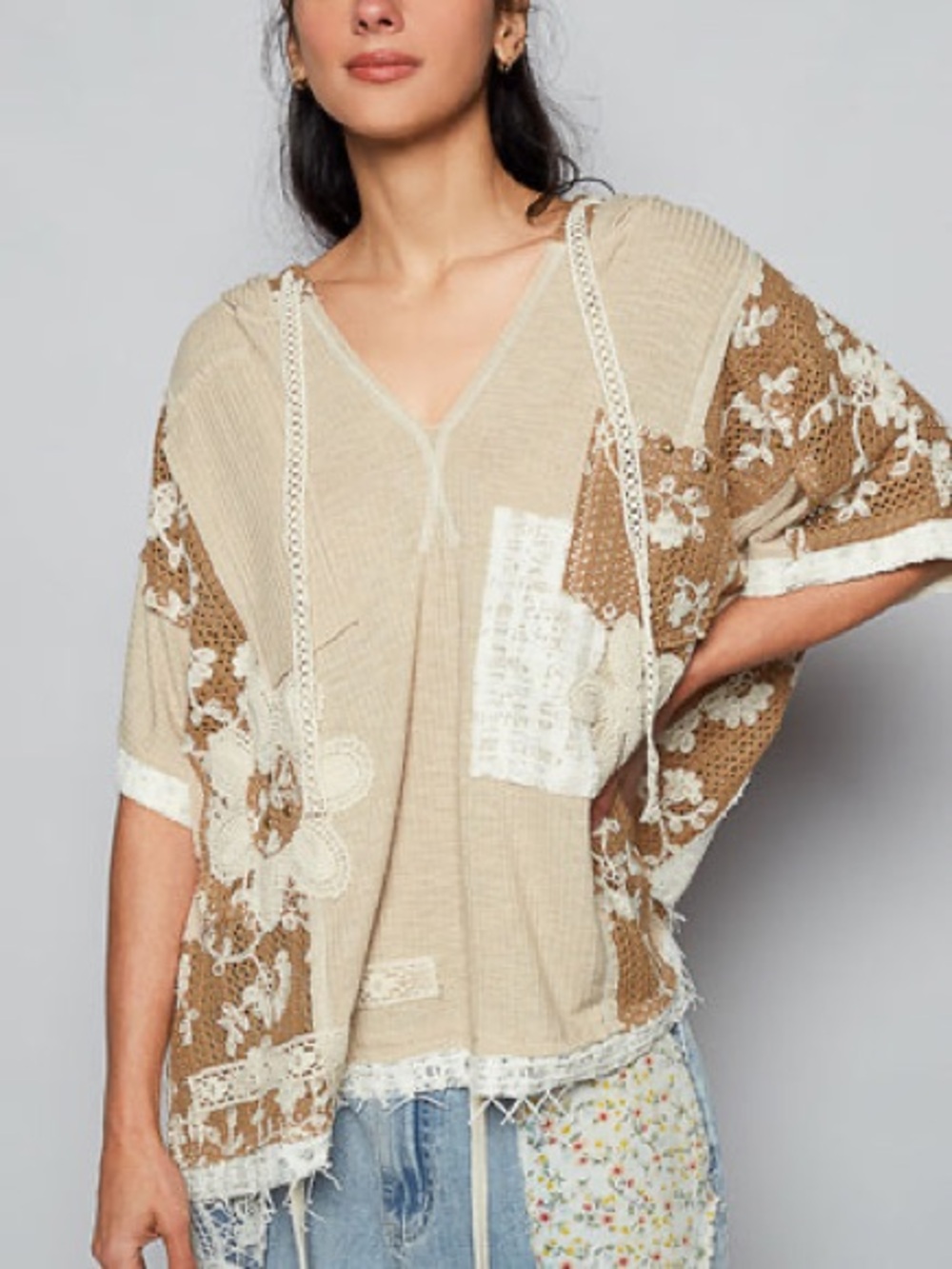 POL Ribbed Knit and Lace Top with Mixed Patches Beige